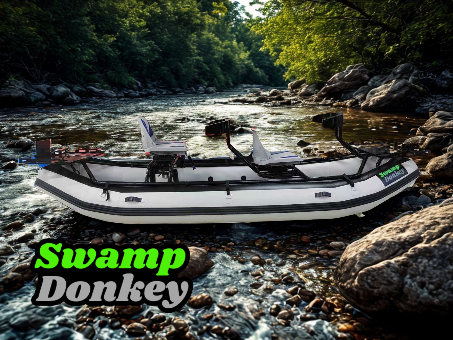Inflatable boat on a river with 'Swamp Donkey' branding