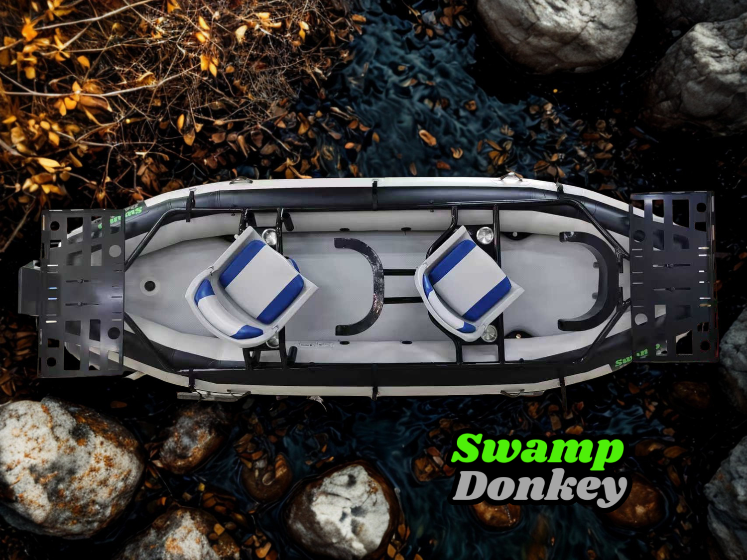 Top-down view of a Swamp Donkey boat on a natural setting with rocks and plants.