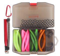 A tackle box open to show various colors of wacky worms, o-rings, and a Wacky Worm pen. fishing, Murray Cod