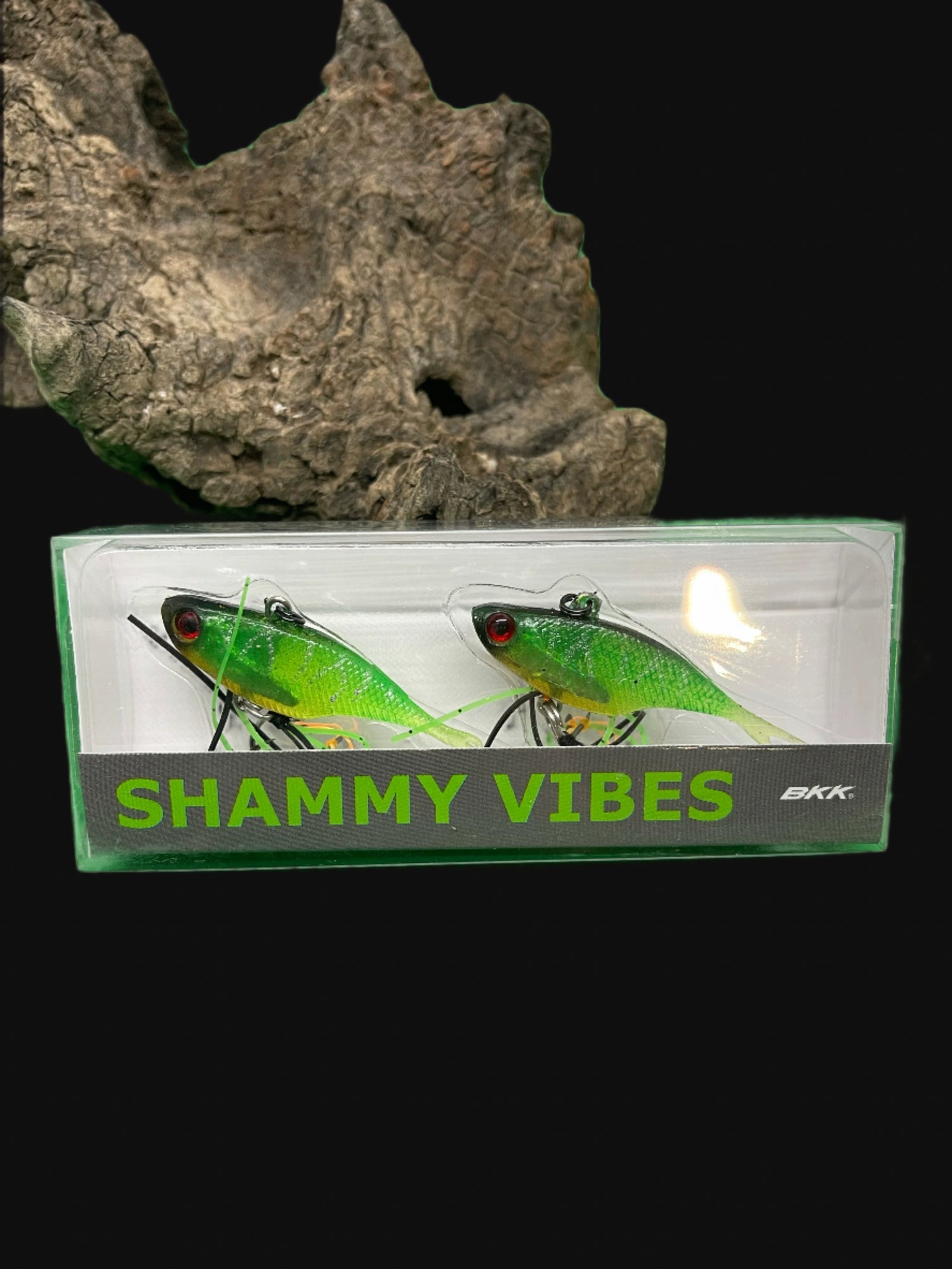 A green fishing lure named 'Shammy Vibes' soft vibe 55mm yellow belly assist hooks