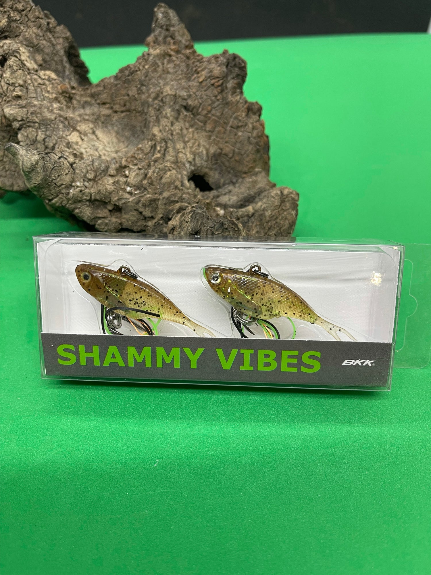 A dirty poppy seed colour fishing lure named 'Shammy Vibes' soft vibe 55mm yellow belly assist hooks