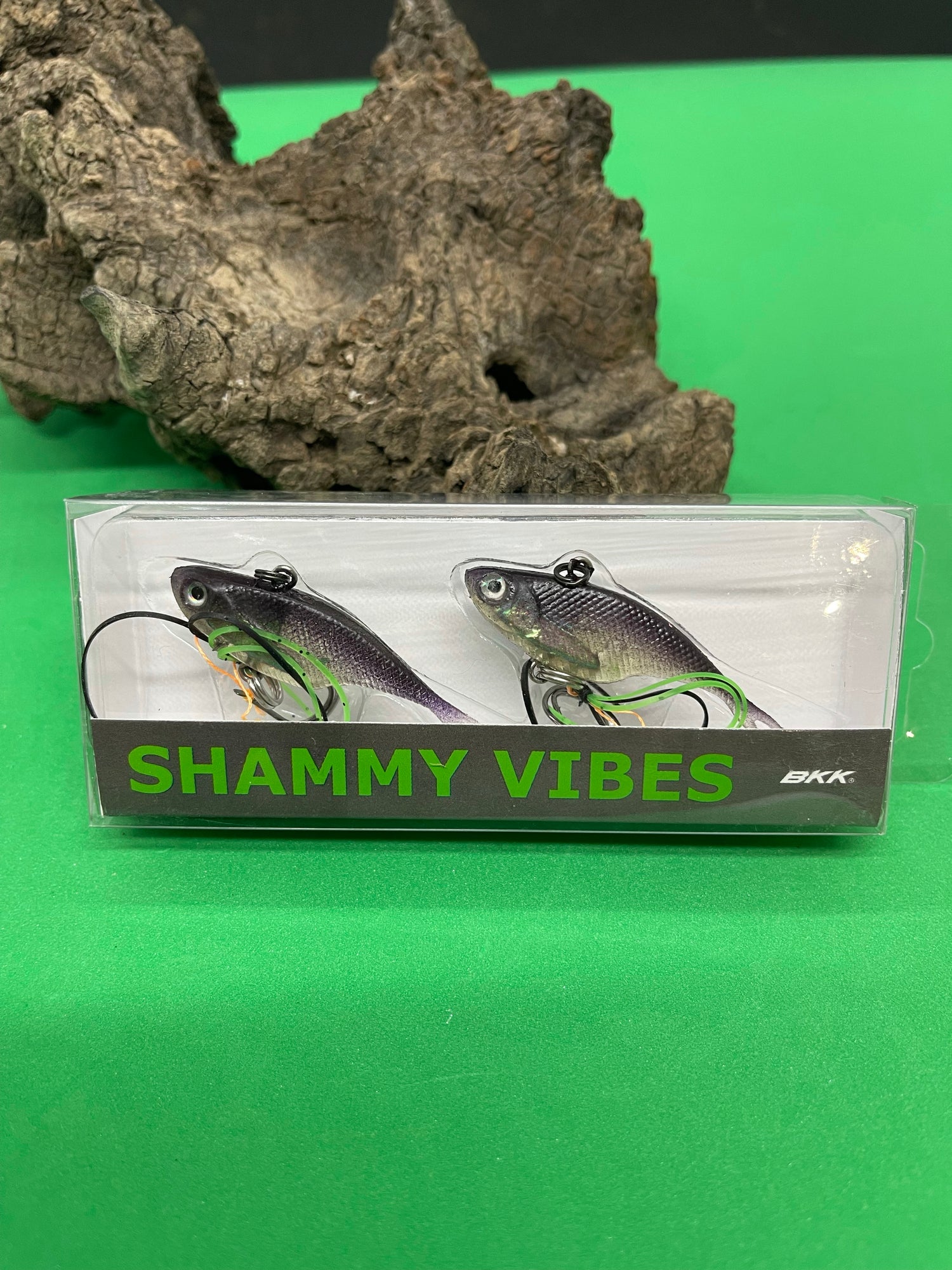 A purple  fishing lure named 'Shammy Vibes' soft vibe 55mm yellow belly assist hooks