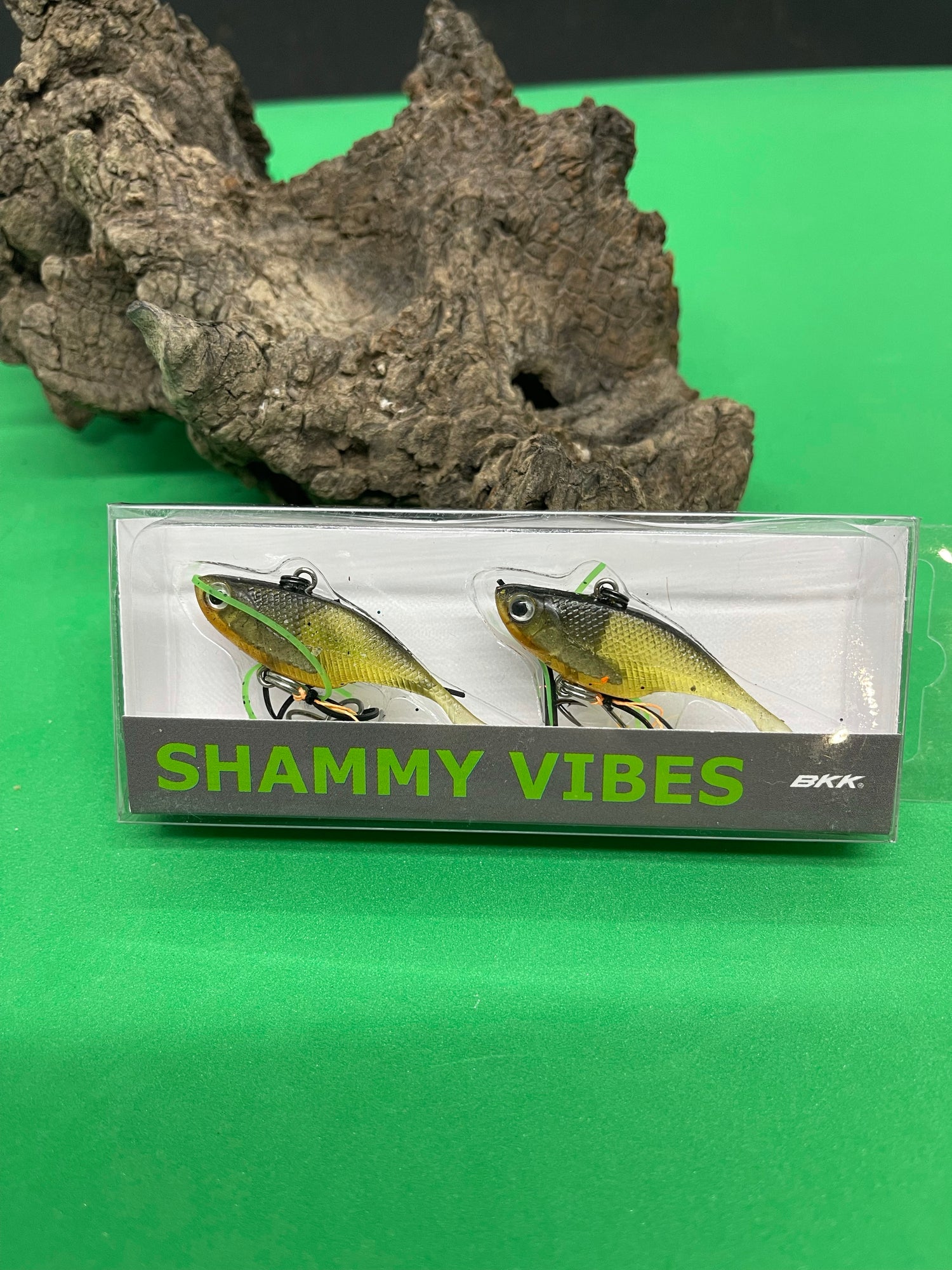A black and yellow fishing lure named 'Shammy Vibes' soft vibe 55mm yellow belly assist hooks