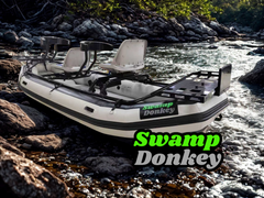 Inflatable boat with 'Swamp Donkey' branding back 