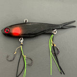 A multicoloured fishing lure with a vibrating tail designed to imitate the movement of fish, equipped with two sets of stinger hooks.